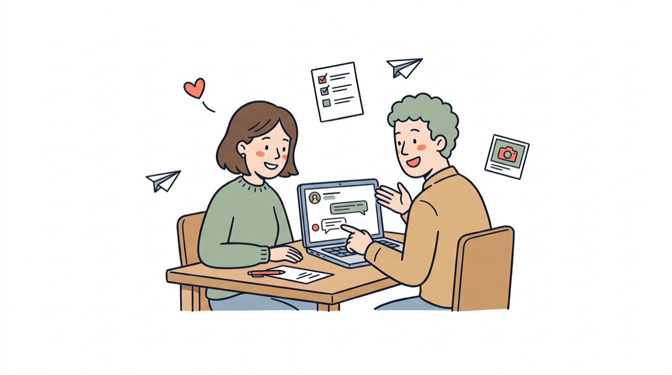 A couple happily planning their own wedding with a laptop, vendor photo cards and a checklist