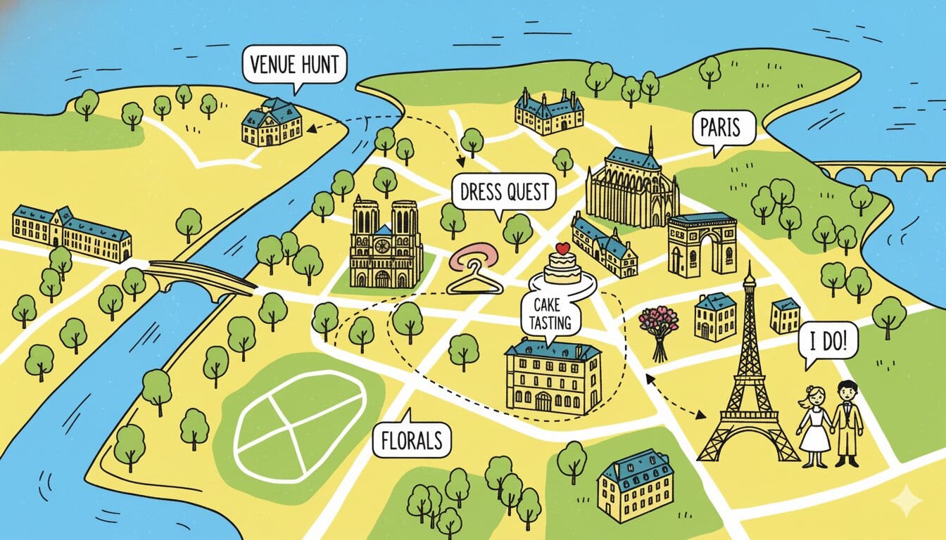 Illustrated map of wedding planning journey showing venue hunt, dress quest, cake tasting, and other wedding planning milestones leading to Paris