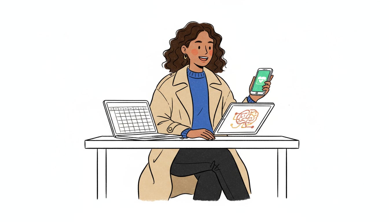 Illustration of a woman planning a wedding with a spreadsheet on her laptop, a tablet and a calendar on her phone