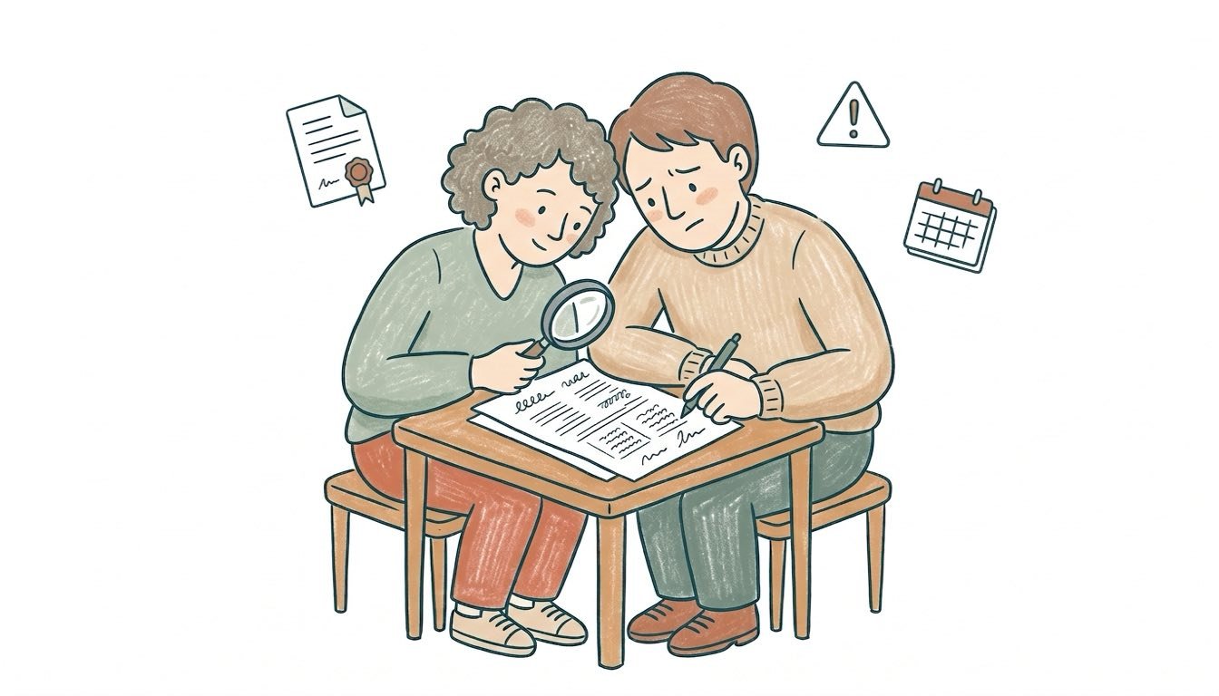 Engaged couple reviewing a printed wedding vendor contract together at a table