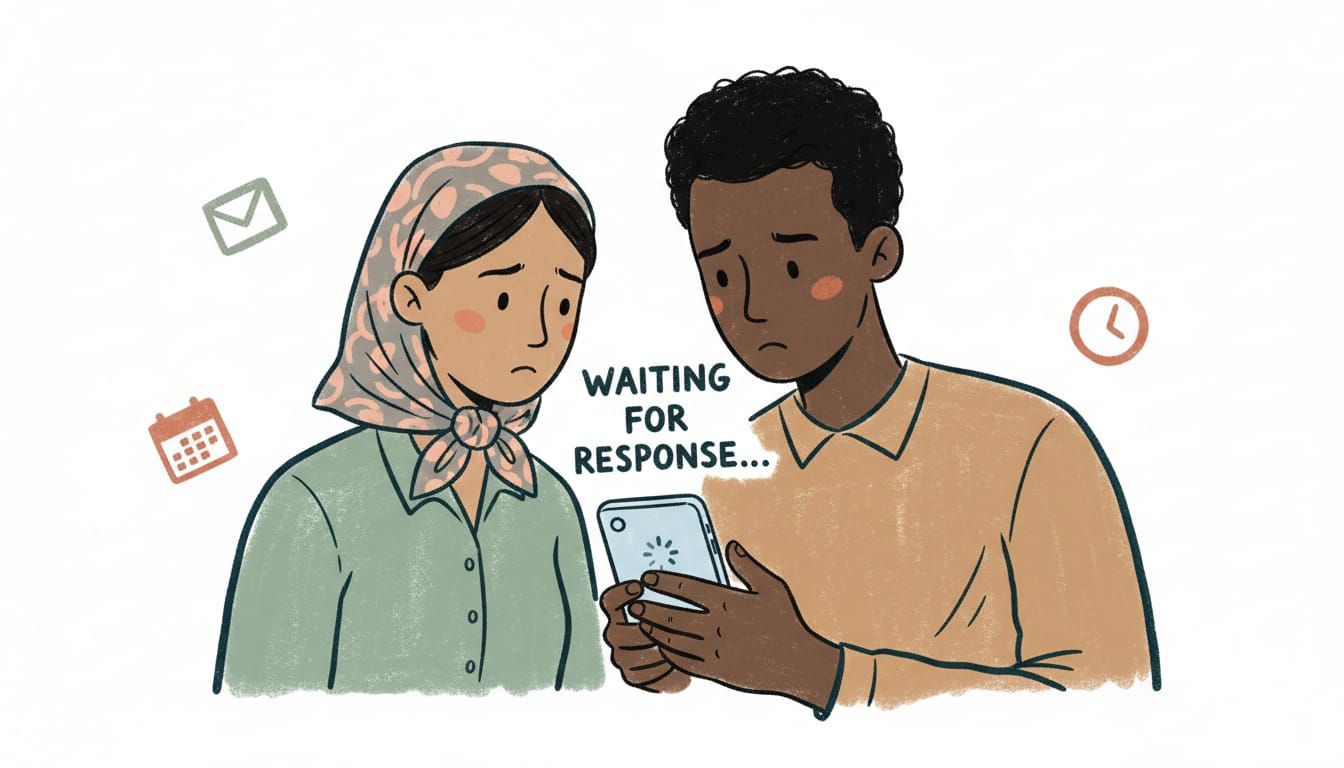 Frustrated wedding couple checking empty email inbox waiting for vendor responses