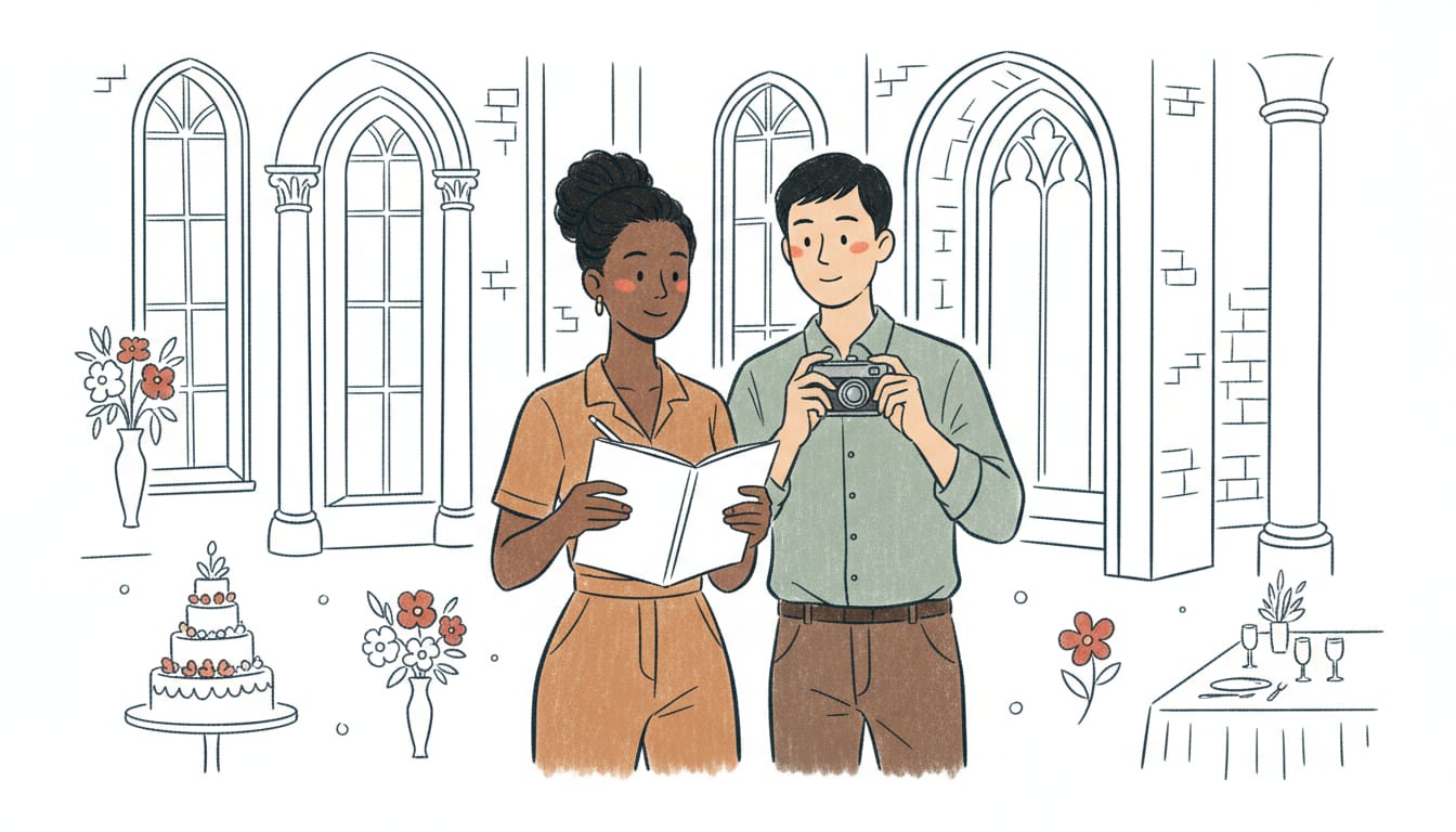 Wedding couple touring multiple venue options with venue search checklist and comparison guide